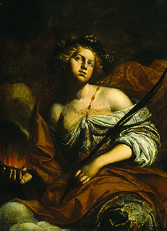 Figura femminile con palma e fuoco (dipinto) di Paglia Francesco (attr.) - scuola napoletana (fine sec. XVII)