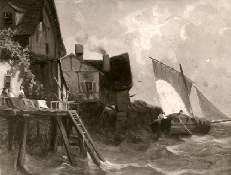 Paesaggio marino con case di pescatori (dipinto) di Amus Eugenio (ultimo quarto sec. XIX)
