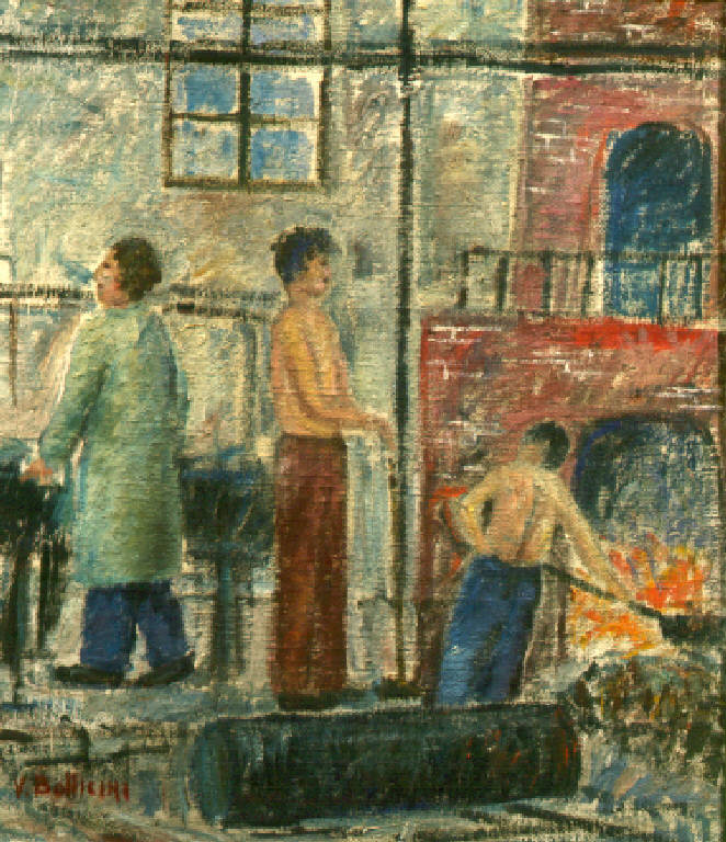 Figure di operai in officina (dipinto) di Botticini Vittorio (secondo quarto sec. XX)