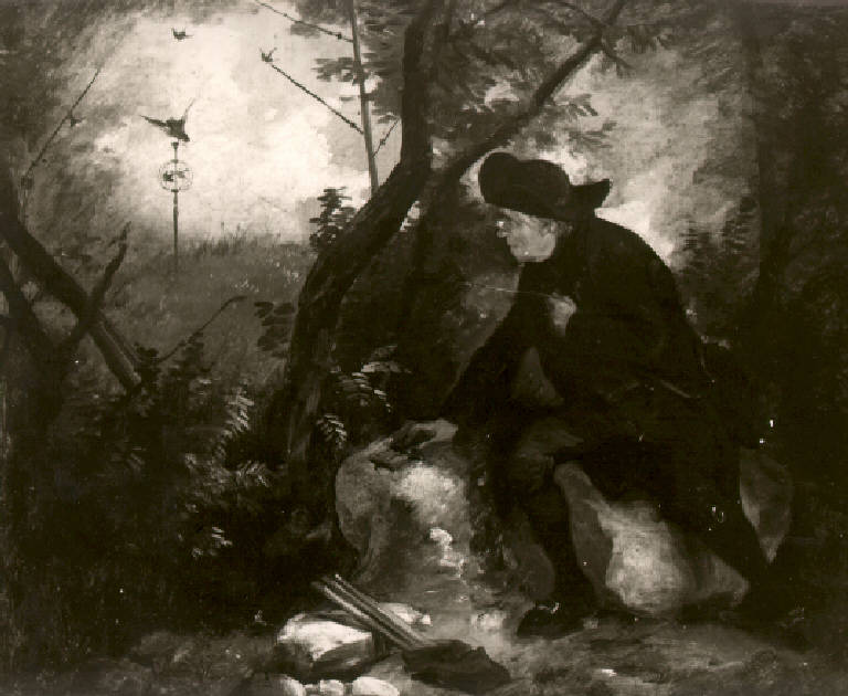 Paesaggio boschivo con figura di ecclesiastico (dipinto) di Inganni Angelo (sec. XIX)