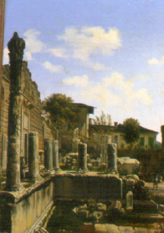 Veduta del Tempio di vespasiano a Brescia dopo il 1830 (dipinto) di Basiletti Luigi (prima metà sec. XIX)