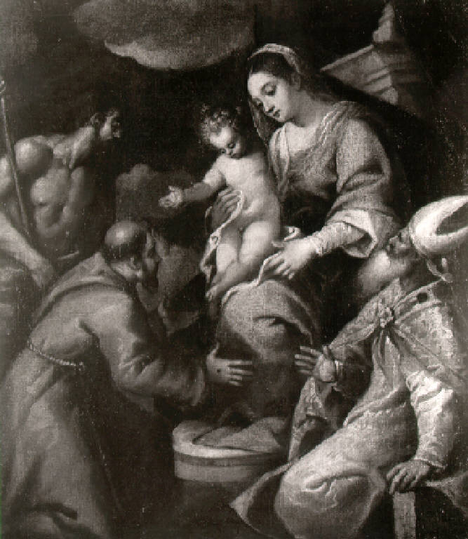 Madonna con Bambino, San Giovanni Battista, Sant'Antonio e un vescovo (dipinto) di Caliari Paolo detto Veronese (cerchia) (secondo quarto sec. XVI)