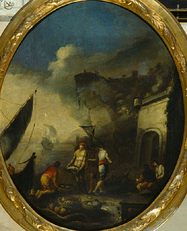 Veduta con figure di pescatori (dipinto) - scuola italiana (prima metà sec. XVIII)