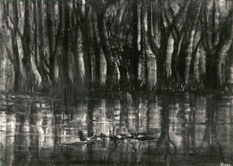 Paesaggio con alberi e stagno (dipinto) di Girelli Umberto (terzo quarto sec. XX)