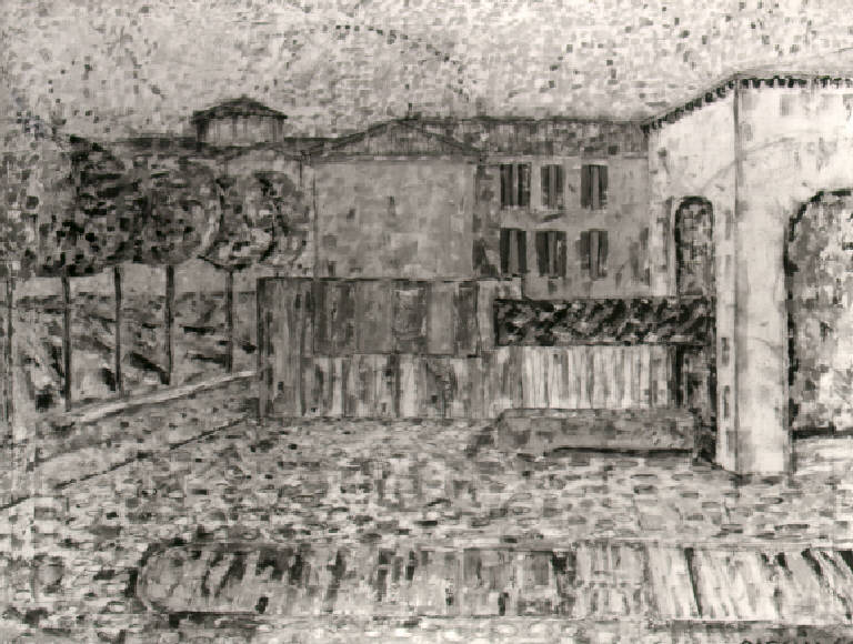 Veduta di una piazza con case ed un filare di alberi (dipinto) di Cargnoni Ludovico detto Carelia Andrej (terzo quarto sec. XX)
