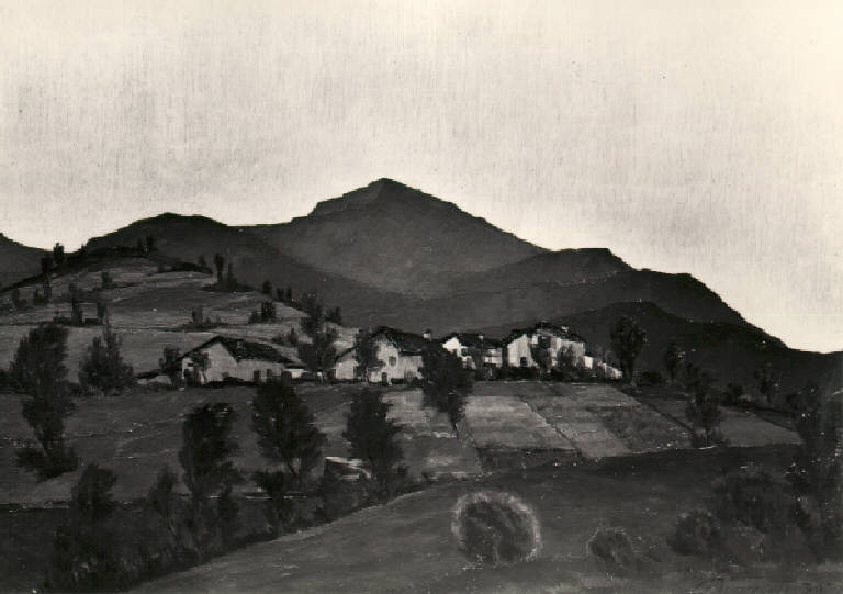 Veduta di un paese tra le montagne (dipinto) di Vimercati Giannetto (prima metà sec. XX)