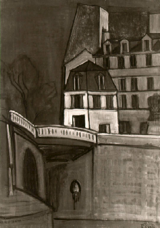 Veduta di Pont Sully con case (dipinto) di Tinelli Primo (terzo quarto sec. XX)