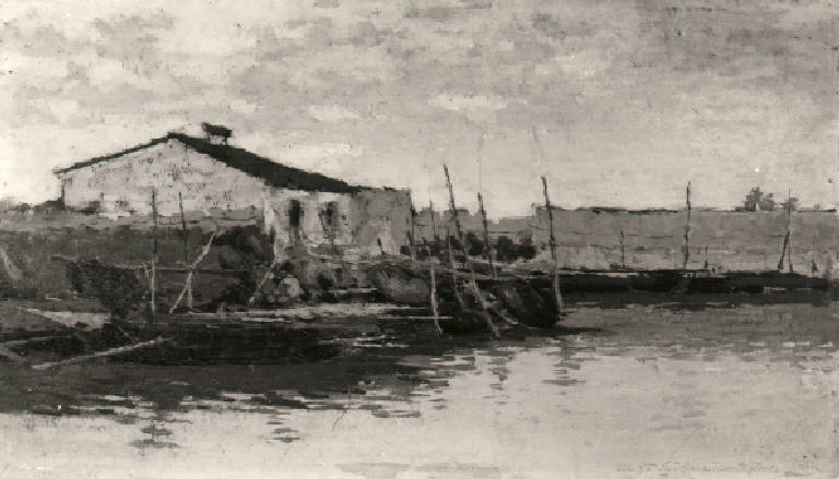 Veduta di una laguna con casa e barche (dipinto) di Filippini Francesco (ultimo quarto sec. XIX)