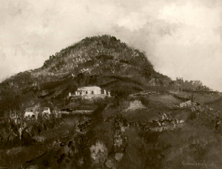 Campagna a tramontana, Veduta di una collina con case (dipinto) di Omiccioli Giovanni (metà sec. XX)