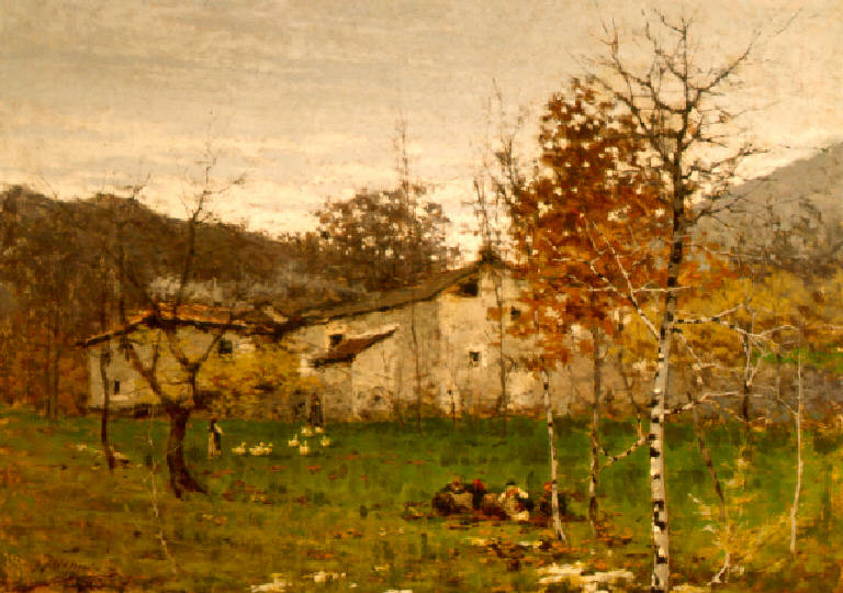 Paesaggio con case e figure (dipinto) di Filippini Francesco (ultimo quarto sec. XIX)