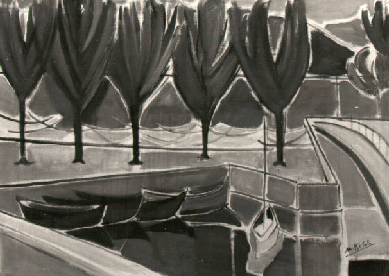 Porto con barca (dipinto) di Vicari Nino Fortunato detto Refolo Mario (prima metà sec. XX)