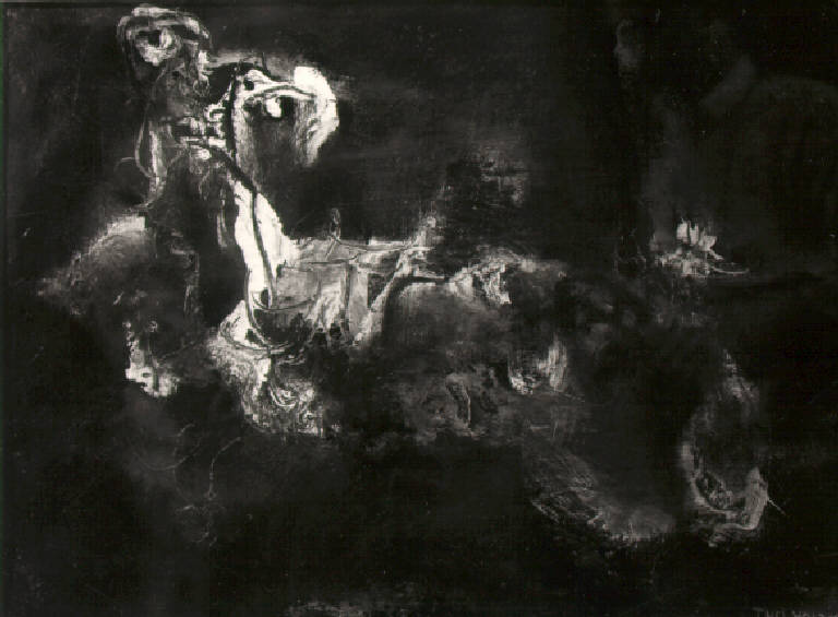 Maschere sul tavolo, Maschere su un tavolo (dipinto) di Volanti Salvatore (terzo quarto sec. XX)