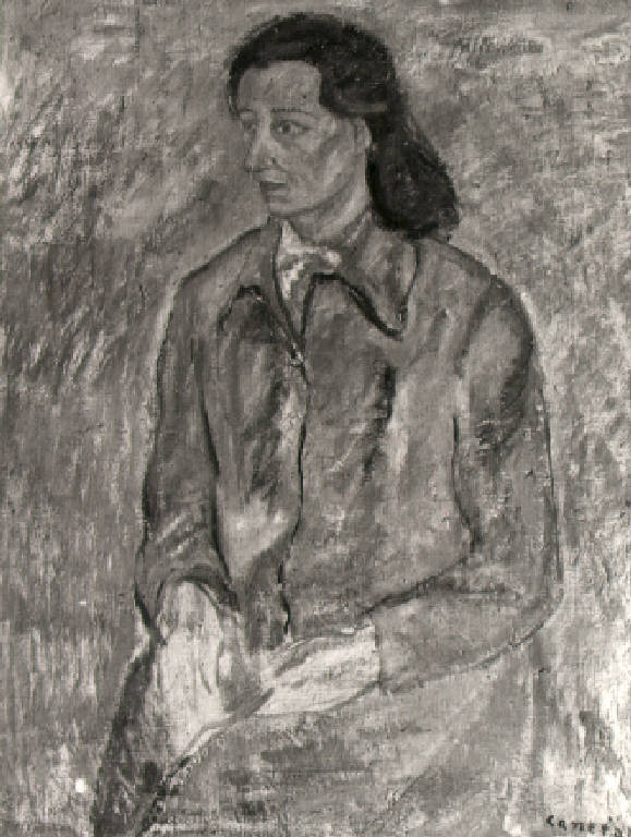 Figura femminile con cappotto (dipinto) di Canevari Achille (terzo quarto sec. XX)