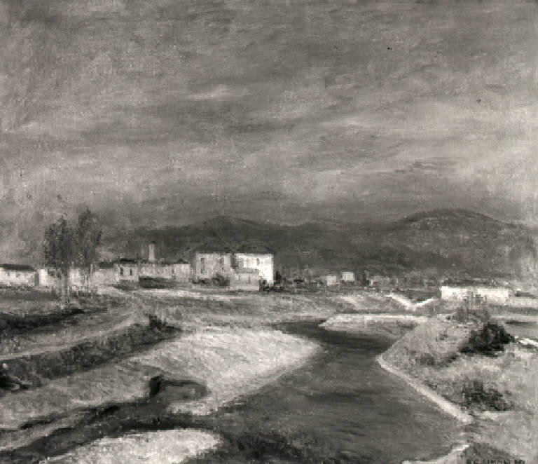 Veduta del fiume mella e di un paese (dipinto) di Simoni Battista Giuseppe (metà sec. XX)