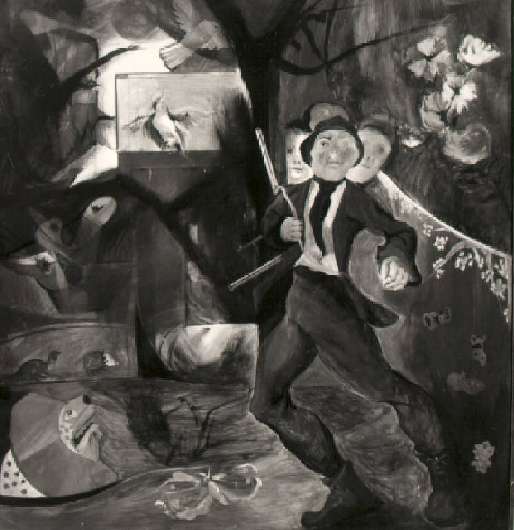 Figura di cacciatore in un bosco tra animali (dipinto) di Pescatori Angelo (terzo quarto sec. XX)