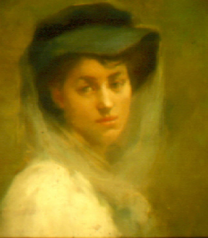 Figura di giovane donna con cappello (dipinto) di Landi Angelo (primo quarto sec. XX)