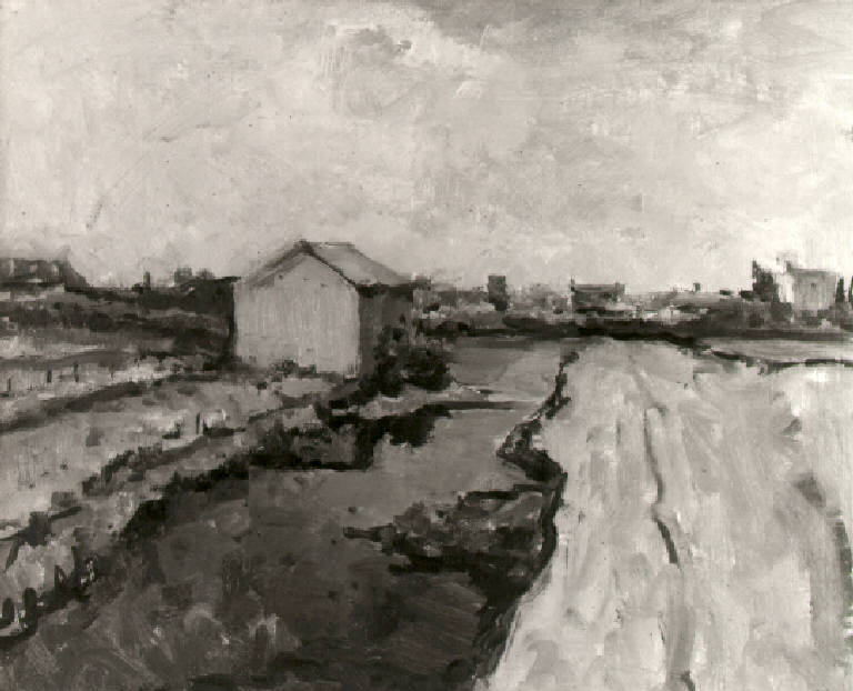Paesaggio fluviale con casa (dipinto) di Degli Innocenti, Bruno (seconda metà sec. XX)