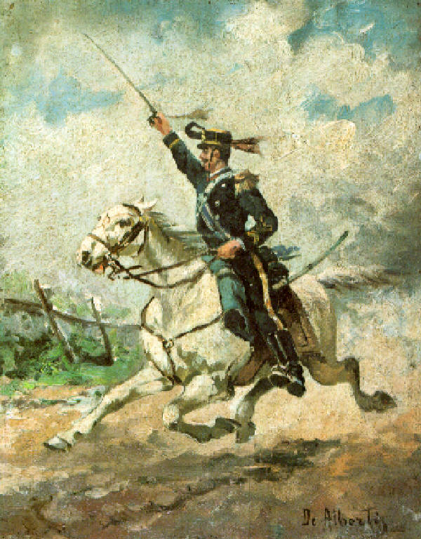 Figura di ufficiale a cavallo (dipinto) di De Albertis Sebastiano (terzo quarto sec. XIX)