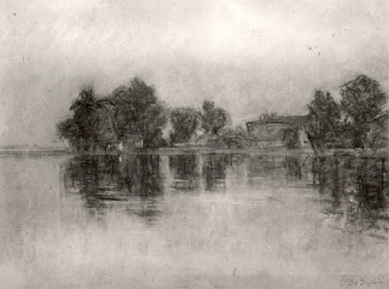 Veduta del lago di garda con alberi e casa colonica (dipinto) di Bosio Giovanni Battista (fine sec. XIX)