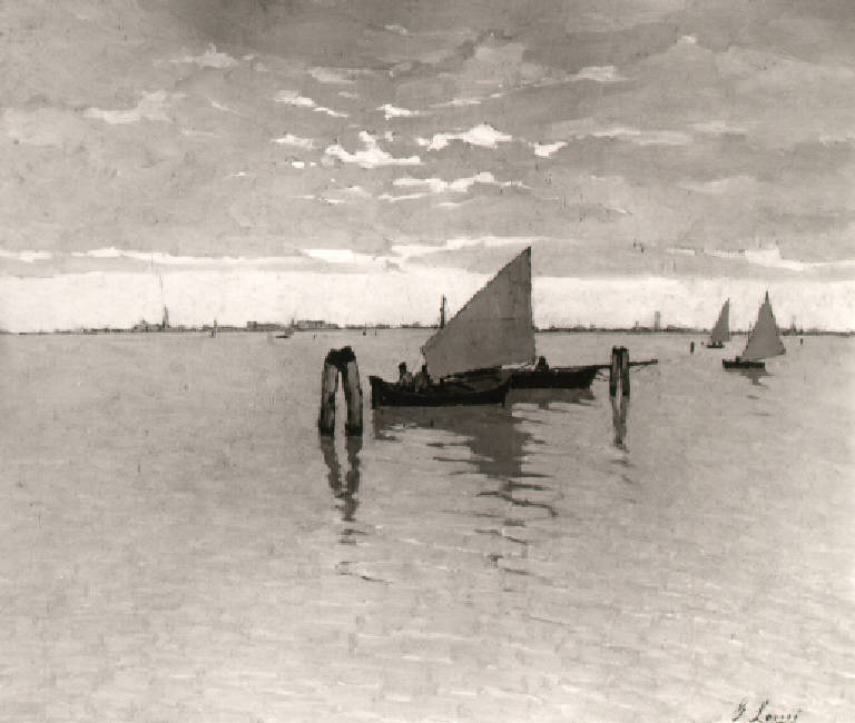 Veduta di una laguna con barche (dipinto) di Lomi Giovanni (inizio sec. XX)