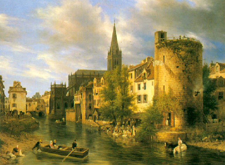 Veduta di un canale con case e chiesa (dipinto) di Canella Giuseppe (prima metà sec. XIX)