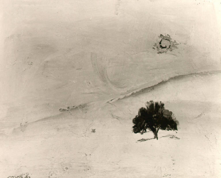 Paesaggio con albero (dipinto) di Mattioli Carlo (terzo quarto sec. XX)