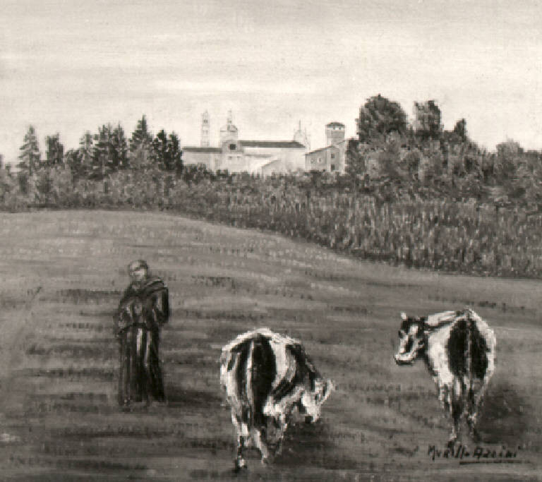 Mucche, Paesaggio con vacche, frate francescano e abbazia (dipinto) di Azzini Murillo (ultimo quarto sec. XX)