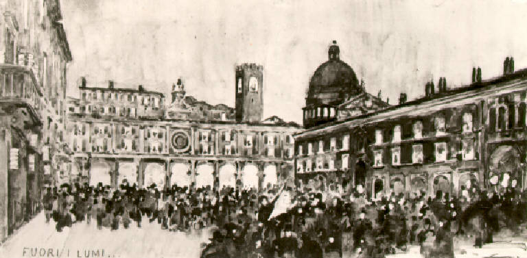Fuori i lumi, Insurrezione popolare in piazza Loggia a Brescia nel 1949 (dipinto) di Bianchi Arturo (fine sec. XIX)