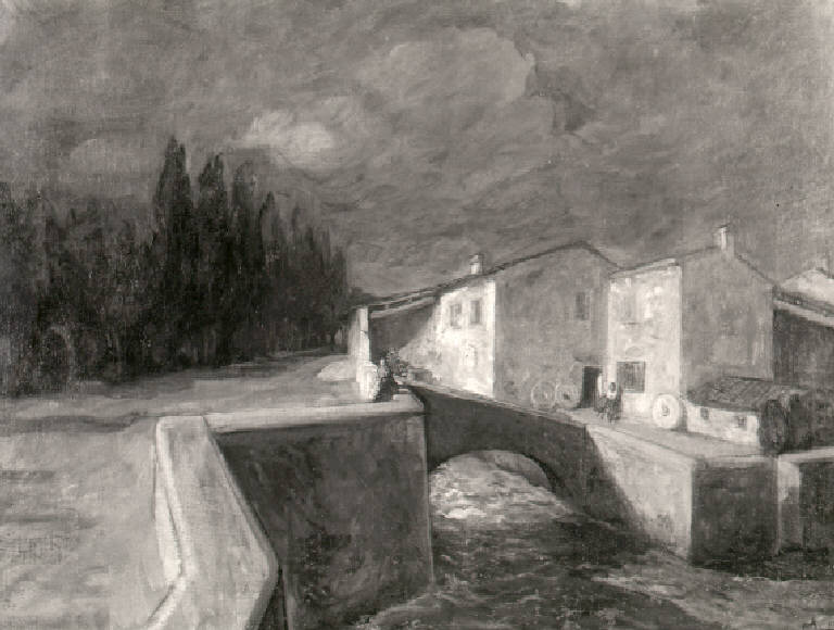 Veduta di un mulino (dipinto) di Lomini Mario (metà sec. XX)