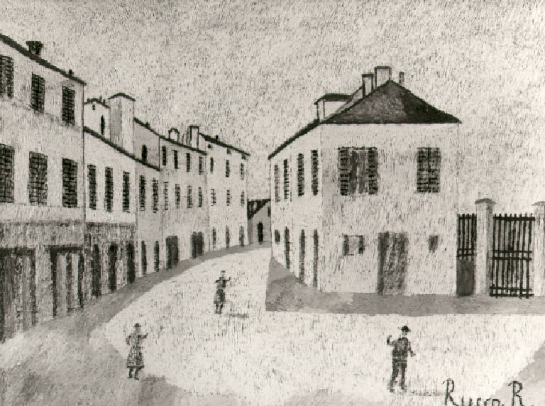 Simpatia (?), Veduta di una strada di città con case e figure (dipinto) di Russo, Rosario (metà sec. XX)