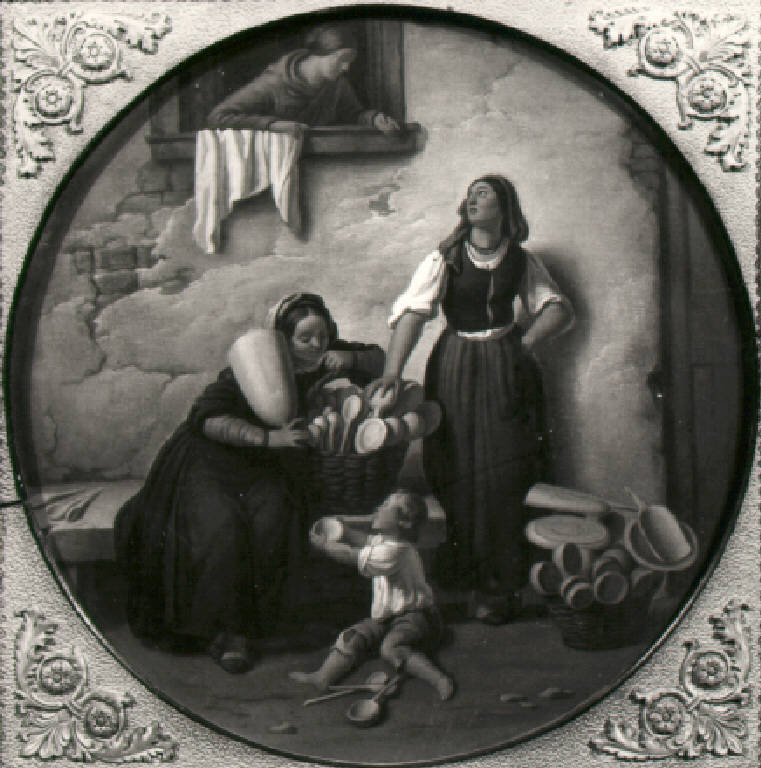 Figure femminili di venditrici di mestoli e figura di bambino (dipinto) di Rottini Gabriele (terzo quarto sec. XIX)