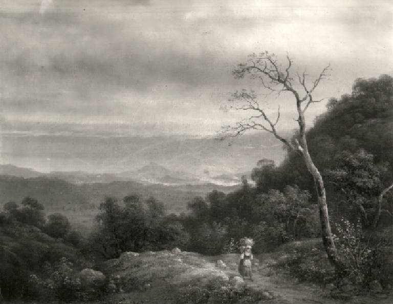 Paesaggio con figura di portatrice di gerla (dipinto) di Renica Giovanni (metà sec. XIX)