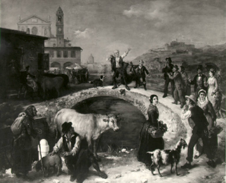 Figure di contadini presso un ponte (dipinto) di Inganni Angelo (ultimo quarto sec. XIX)