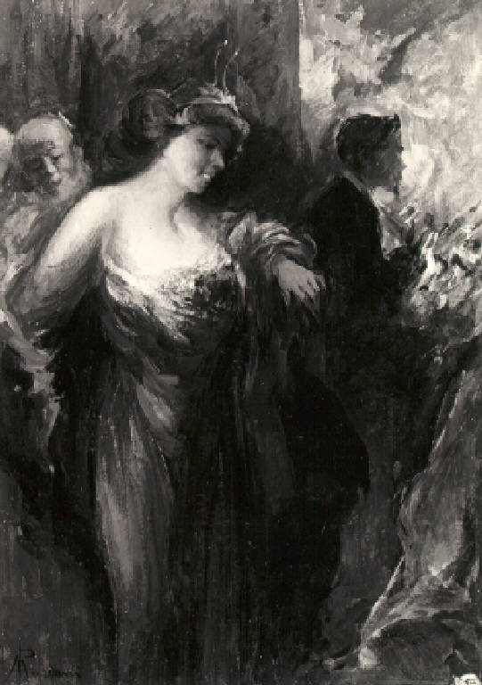 Figura femminile e figure maschili a teatro (dipinto) di Mariani Pompeo (fine sec. XIX)