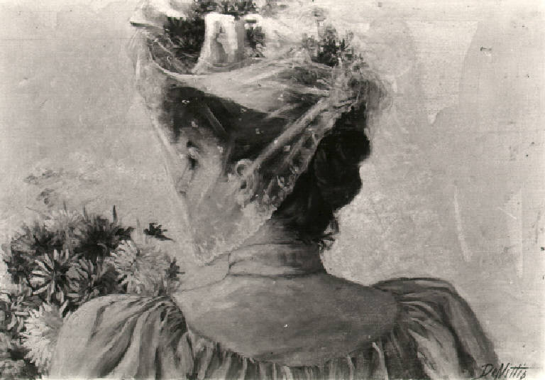 Figura di giovane donna con cappello e veletta (dipinto) di De Nittis Giuseppe (seconda metà sec. XIX)