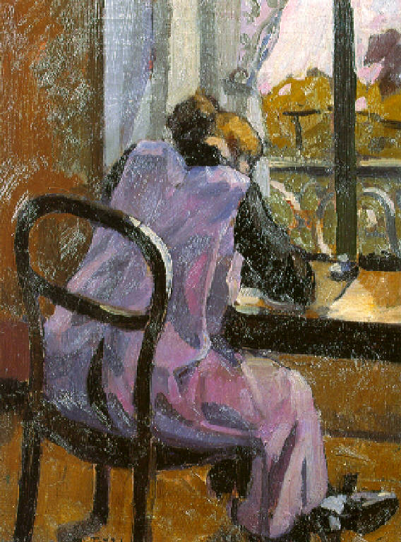 Figura femminile che legge davanti ad una finestra (dipinto) di Tozzi Mario (secondo quarto sec. XX)