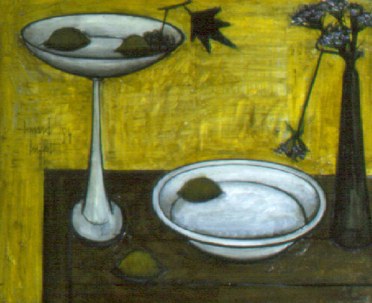 Natura morta con fruttiera, piatto, vaso di fiori e limoni (dipinto) di Buffet Bernard (metà sec. XX)