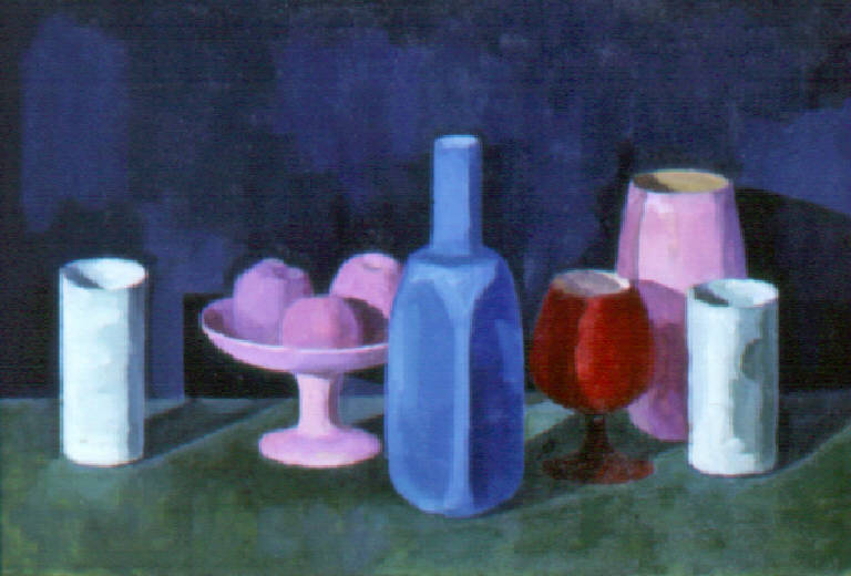 Natura morta con bottiglia, bicchiere, vasi e fruttiera (dipinto) di Bonfantini Sergio (terzo quarto sec. XX)