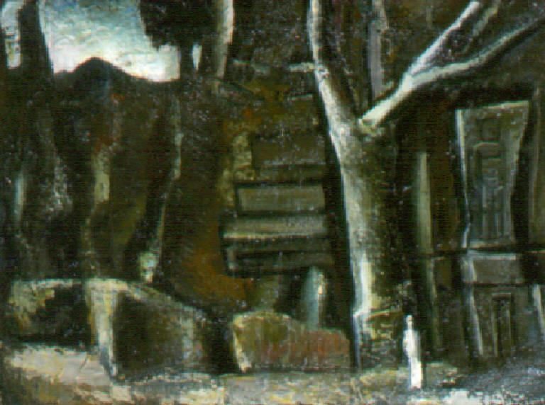 Composizione, Paesaggio boschivo con rocce e Tempio pagano (dipinto) di Sironi Mario (metà sec. XX)