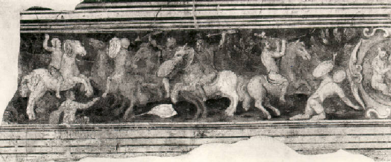 Fregio con cavalieri e scene mitologiche (dipinto) - scuola bresciana (metà sec. XVI)