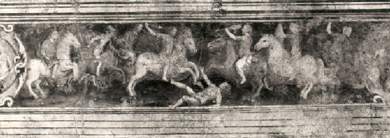Fregio con cavalieri e scene mitologiche (dipinto) - scuola bresciana (metà sec. XVI)