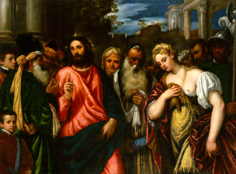 Cristo e l'adultera (dipinto) di Renzi Polidoro de' detto Polidoro da Lanciano (sec. XVI)