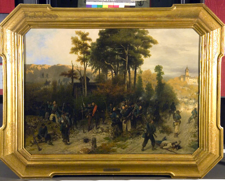 Morte di Ferdinando Cartellieri. Episodio del combattimento di San Fermo, 1859 (27 maggio 1859), Seconda Guerra d'Indipendenza 1859; campagna Cacciatori delle Alpi (dipinto) di Trezzini, Angelo (sec. XIX)
