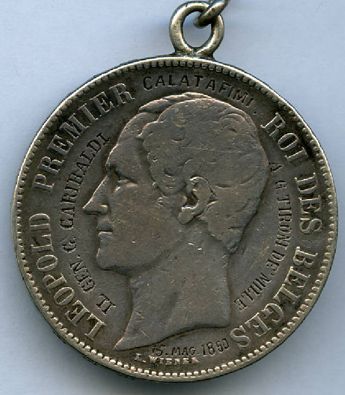 Scudo da 5 franchi belga (Medagliere di Giuseppe Tironi), Leopoldo I re del belgio; emblema di stato del Regno del Belgio (moneta trasformata in medaglia) - produzione (sec. XIX)