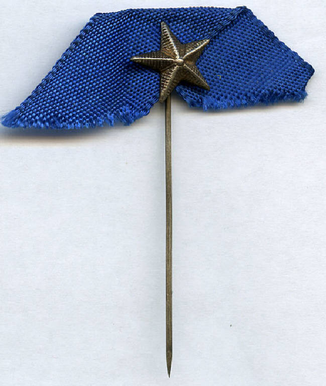 spilla indicante la concessione di Medaglia d'argento al Valor Militare (Medagliere di Ildebrando Flores), stella d'argento; nastro azzurro (spilla) - produzione (seconda metà sec. XX)