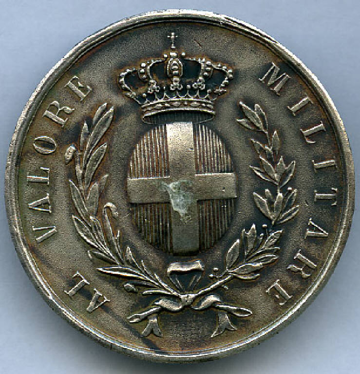Medaglia d'argento al Valor Militare; Ancona, stemma reale sabaudo; corona d'alloro (decorazione militare) - produzione (sec. XIX)