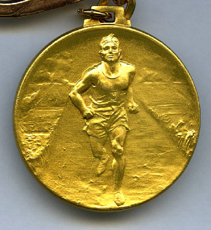 Medaglia ricordo "La Sgambàda" Terza Maratona popolare Mirandola 1974, maratoneta (medaglia) (sec. XX)