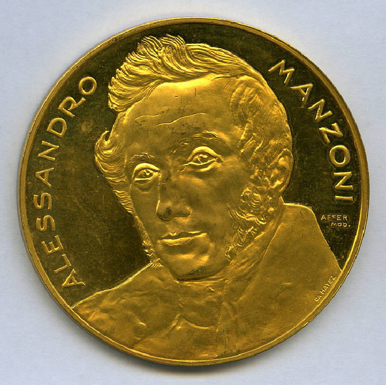 Medaglia dedicata al primo centenario della morte di Alessandro Manzoni, Alessandro Manzoni; stemma (medaglia) di ; Affer, Costantino (sec. XX)