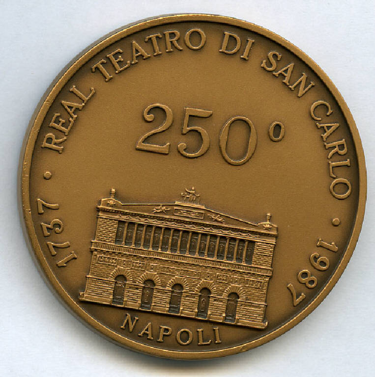 Medaglia per il 250° anniversario del Real Teatro di San Carlo di Napoli, Teatro; pentagramma (medaglia) (sec. XX)