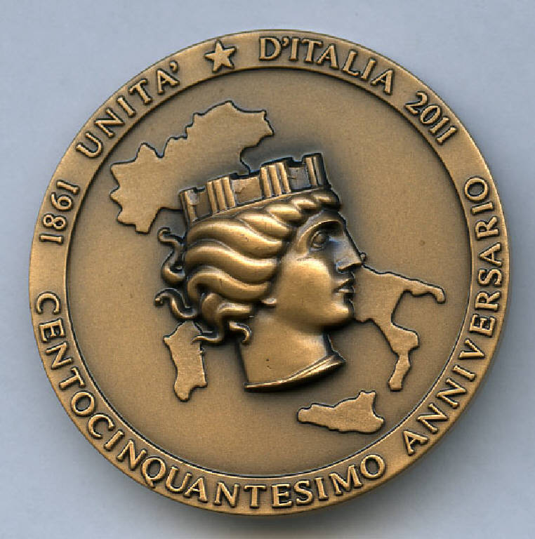 Medaglia celebrativa del 150° Anniversario dell'Unità d'Italia, Profilo pianta d'Italia con Italia turrita (medaglia) (sec. XXI)